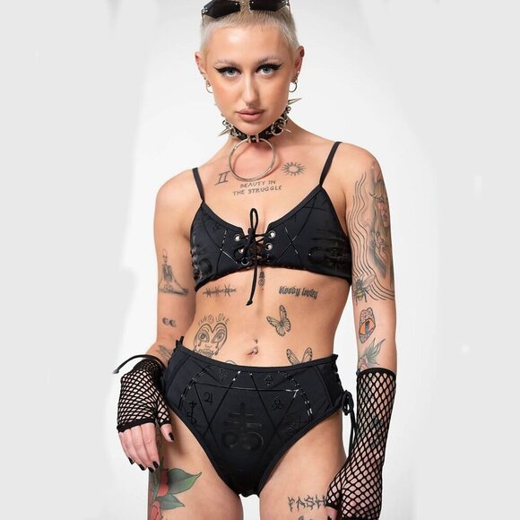 Killstar ✦ Charla Bikini ✦ Black-on-Black Print Lace-Up Top Side Tie Bottoms M - Picture 1 of 9